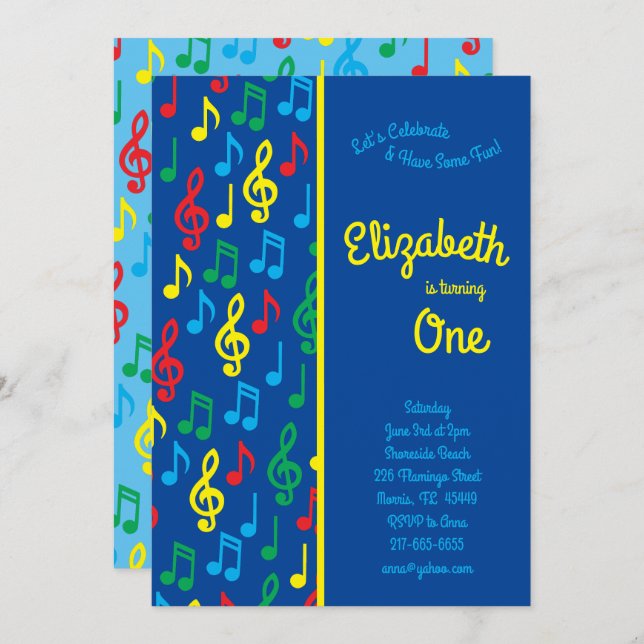 Music Notes Cute Kids 1st Birthday Party Invitation (Front/Back)