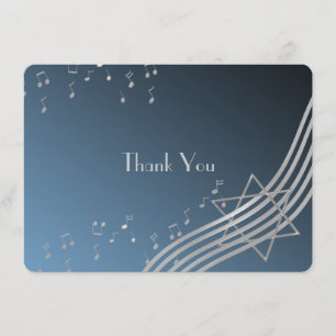 Music Notes Flat Card Bar Mitzvah Thank You Silver