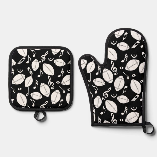 Music Notes Footballs Oven Mitt & Pot Holder Set (Front)