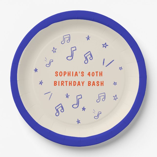 Music Notes Hand-Drawn Illustrations 40th Birthday Paper Plate (Front)