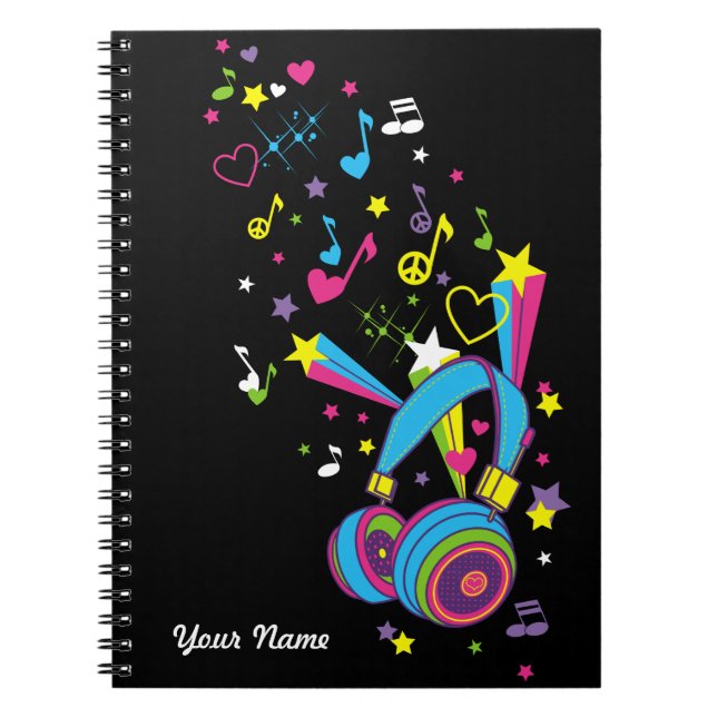 Music Notes Headphones Personalised Black Notebook (Front)