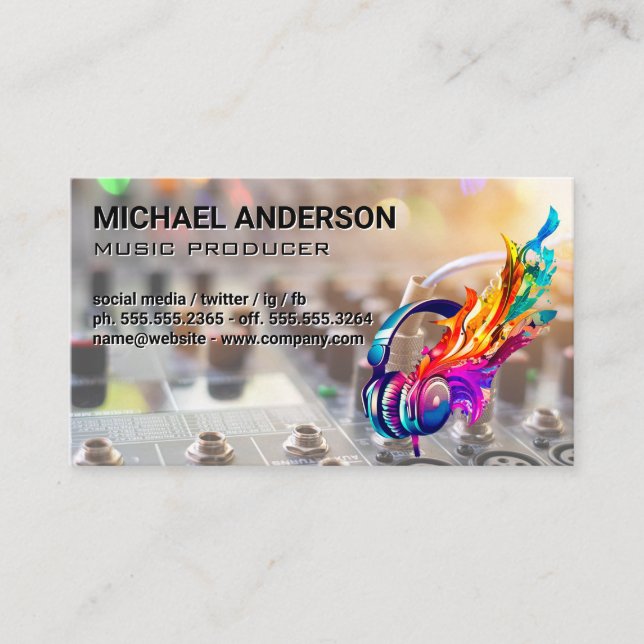 Music Notes Headphones | Sound Board Mixer Business Card (Front)