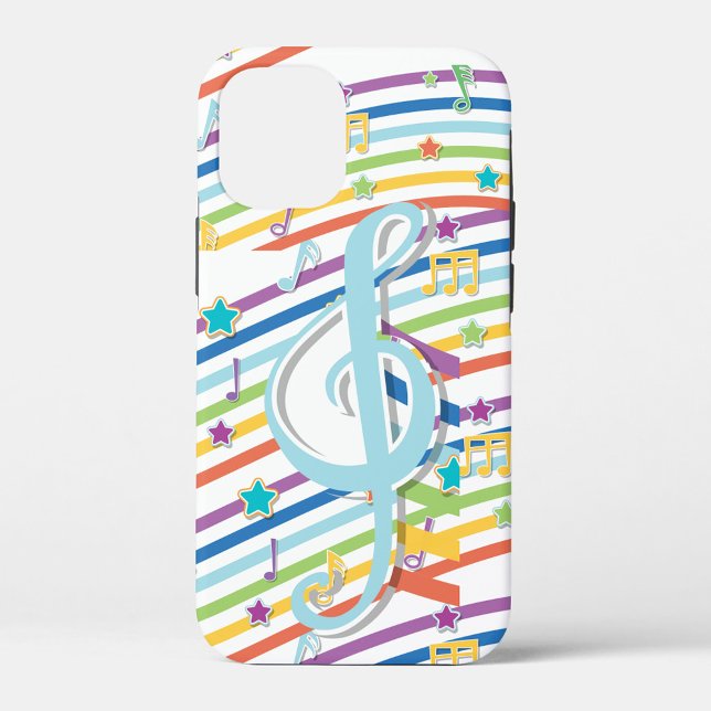 Music Notes iPhone Case (A white phone case with a pattern of diagonal stripes in rainbow colors.)