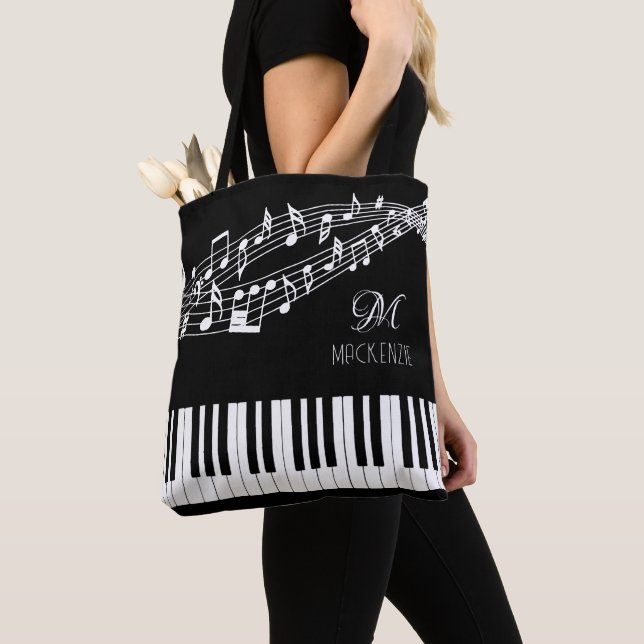 Music Notes Keyboard Monogram Name Custom Colour Tote Bag (Close Up)