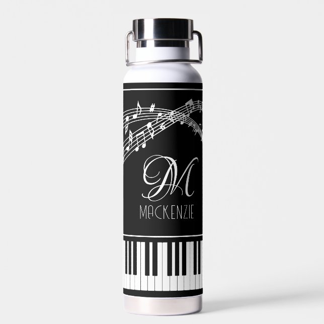 Music Notes Keyboard Monogram Name Custom Colour Water Bottle (Back)