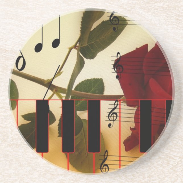 Music Notes Keyboard Red Rose Blossom Destiny Coaster (Front)