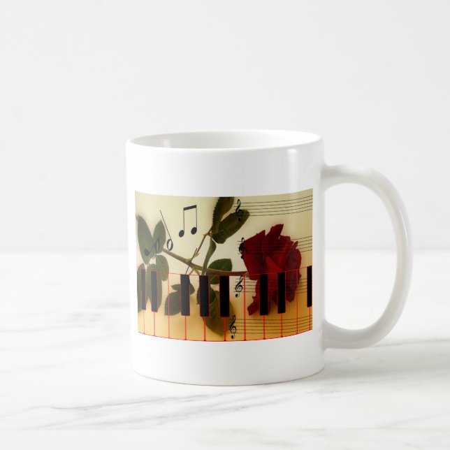 Music Notes Keyboard Red Rose Blossom Destiny Coffee Mug (Right)