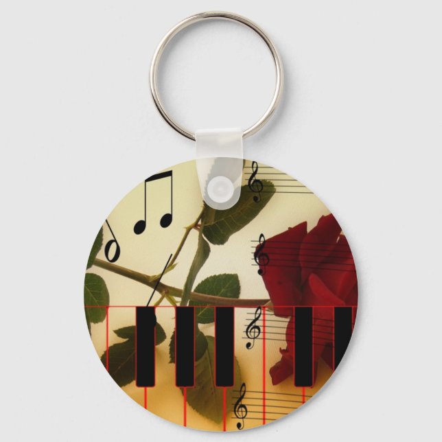 Music Notes Keyboard Red Rose Blossom Destiny Key Ring (Front)