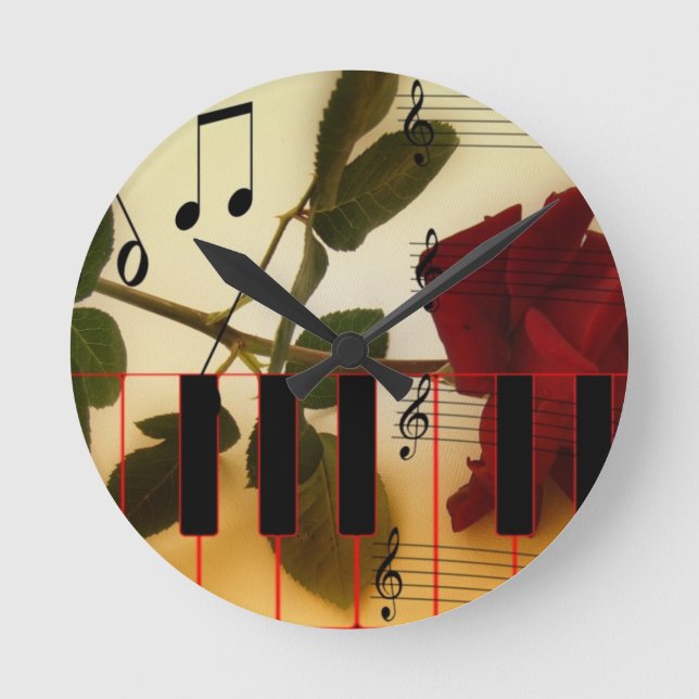 Music Notes Keyboard Red Rose Blossom Destiny Round Clock (Front)