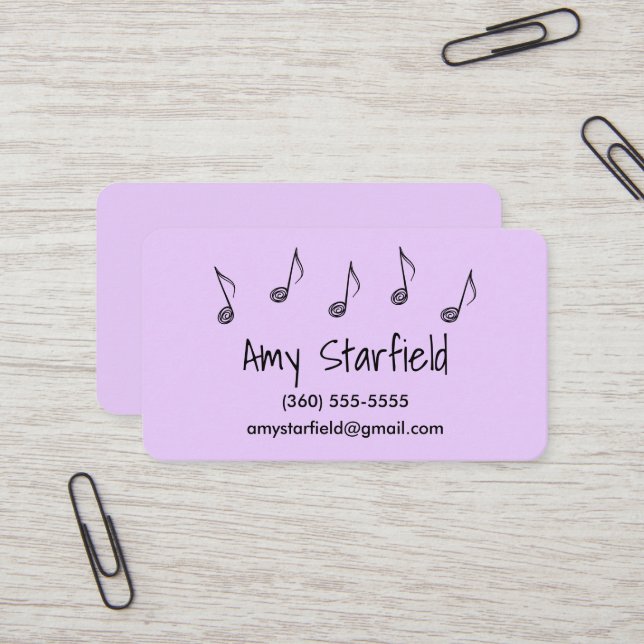 Music Notes Lavender Business Cards (Front/Back In Situ)