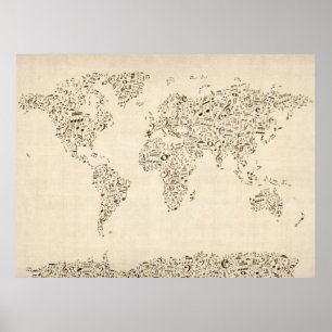 Music Notes Map of the World Poster
