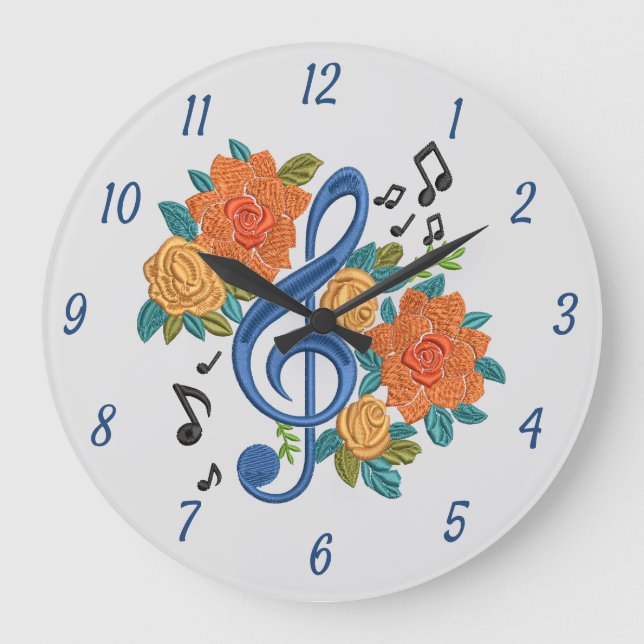 Music Notes Musical Clef Floral Blue Orange Large Clock (Front)