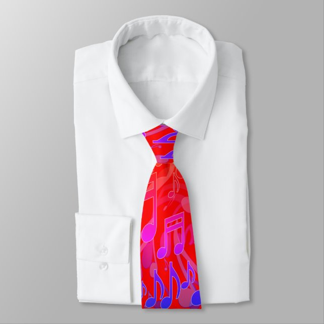Music Notes Musical Pattern Red Bright Colors Tie (Tied)