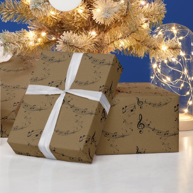 Music Notes Pattern Brown Kraft Wrapping Paper (Holidays)