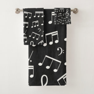 Music Notes Pattern in Black and White Bath Towel Set