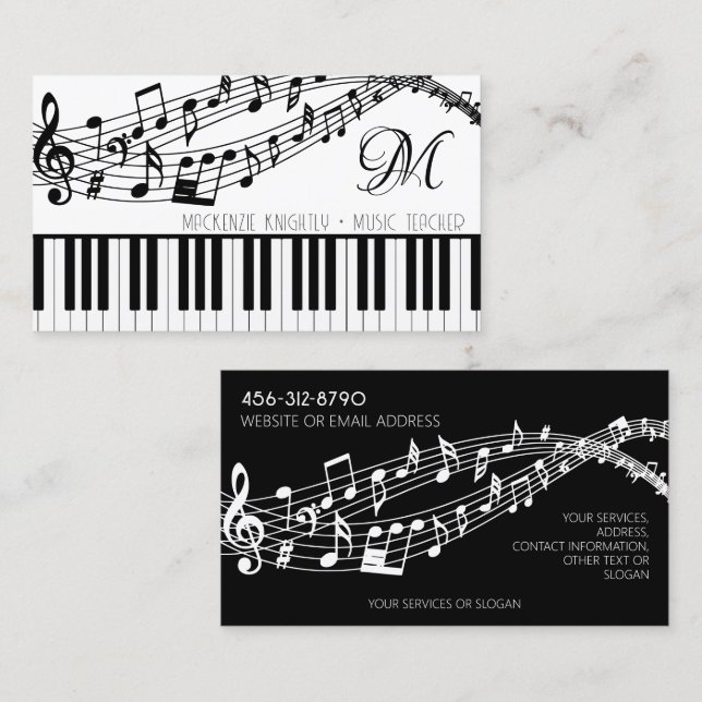 Music Notes Piano Monogram Custom Colour Business Card (Front/Back)