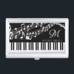 Music Notes Piano Monogram Name Custom Colour Business Card Holder<br><div class="desc">Personalised, custom colour business card case featuring a piano keyboard and music staff with notes in your choice of graphics and background colours (shown in white on black) and initial in your choice of font styles and colours to create your own custom look. ASSISTANCE: For help with design modification or...</div>