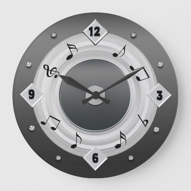 MUSIC NOTES ROUND CLOCK - Silver Tones (Front)