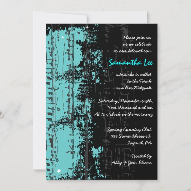 Music Notes Stars Bar Mitzvah Invitation Aqua (Front)