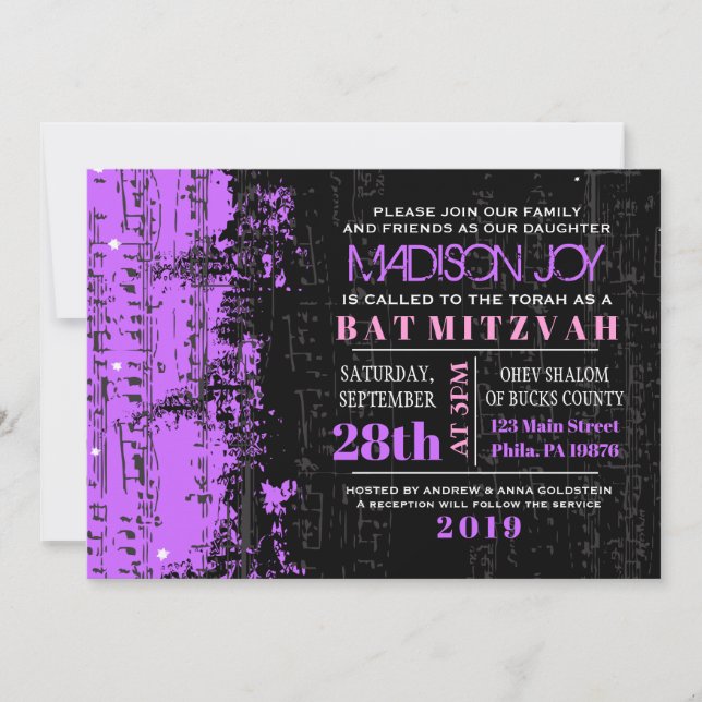 Music Notes Stars Bar Mitzvah Invitation Violet (Front)