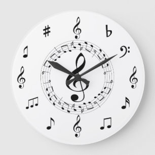 Music Notes, Stylish, Black and White Large Clock