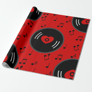 music notes vinyl record heart red wrapping paper