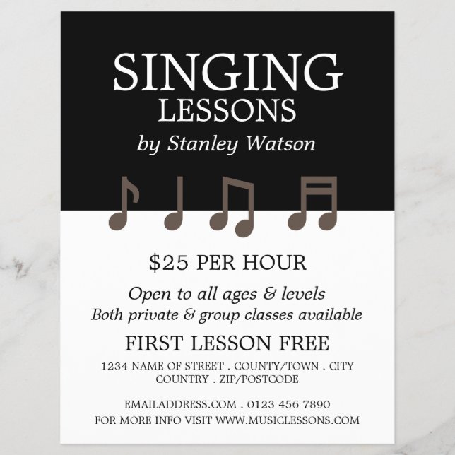 Music Notes, Vocalist Lessons Advertising Flyer (Front)