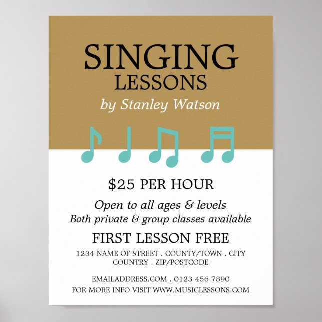 Music Notes, Vocalist Lessons Advertising Poster (Front)