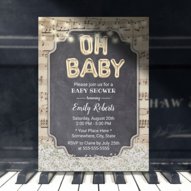 Music Oh Baby Shower Rustic Baby's Breath Floral Invitation (Creator Uploaded)