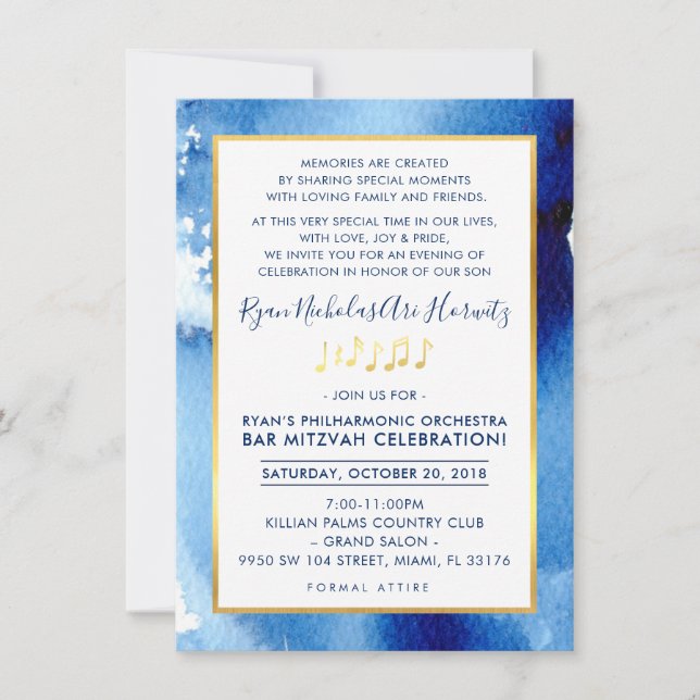 MUSIC PARTY CELEBRATION gold smart blue watercolor Invitation (Front)