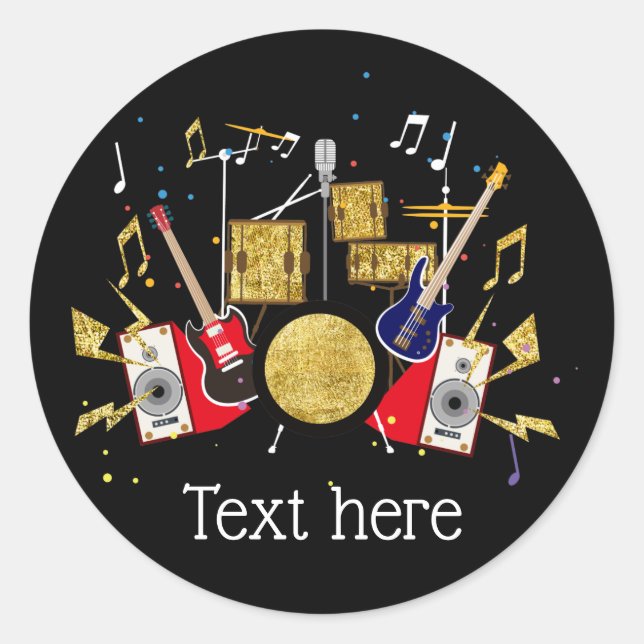 music party guitar drum set musical classic round sticker (Front)