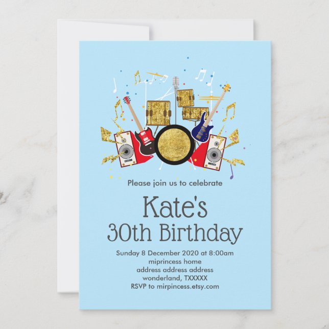 music party guitar drum set musical invitation (Front)