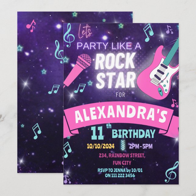 Music Party Like A Rock Star Girl Birthday Invitation (Front/Back)