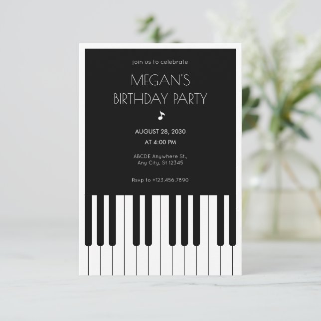 Music piano black and white birthday invitation (Standing Front)
