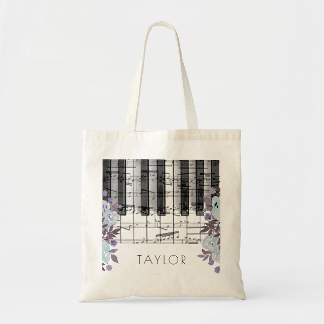 music piano blue floral name tote bag (Front)