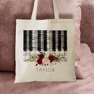 music piano burgundy floral name tote bag