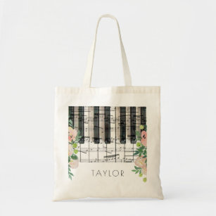 music piano floral name tote bag