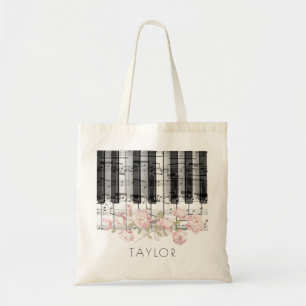music piano pink peonies name tote bag
