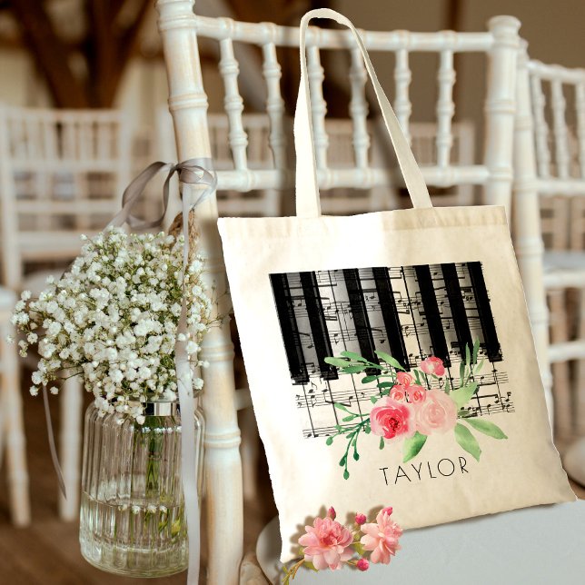 music piano pink watercolor flowers tote bag (Creator Uploaded)