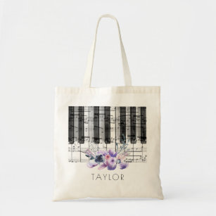 music piano purple floral name tote bag