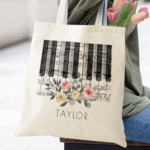 music piano roses on grey foliage tote bag