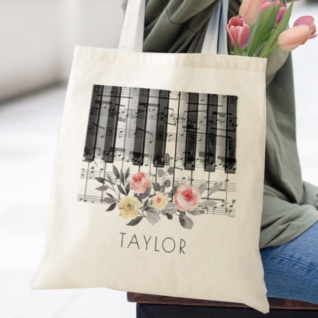 music piano roses on grey foliage tote bag (Creator Uploaded)