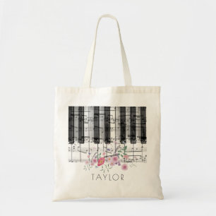 music piano wildflowers floral name tote bag