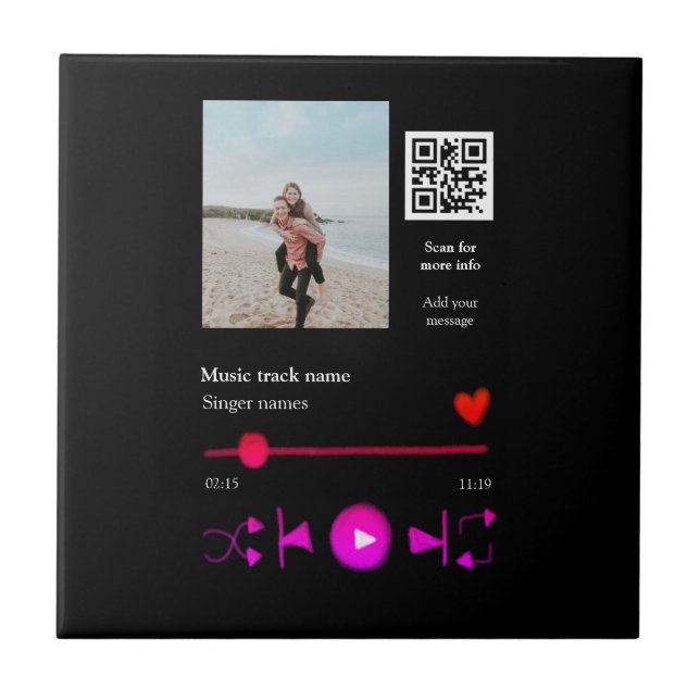 Music player personalised couple love q r code tex ceramic tile (Front)