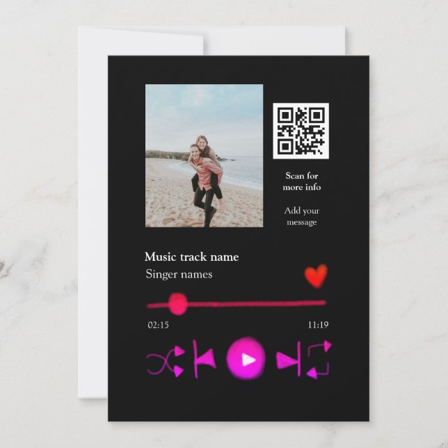 Music player personalised couple love q r code tex invitation (Front)