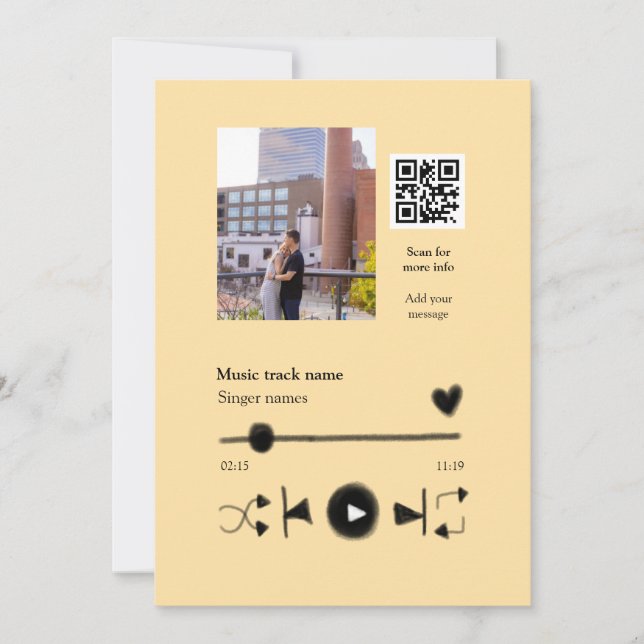Music player personalised couple love q r code tex invitation (Front)