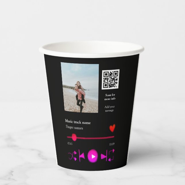 Music player personalised couple love q r code tex paper cups (Front)