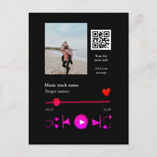 Music player personalised couple love q r code tex postcard (Front)