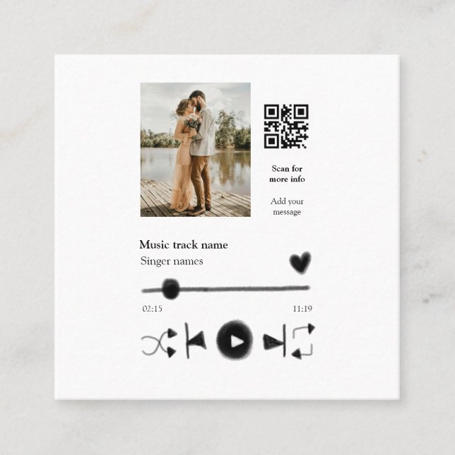 Music player personalised couple love q r code tex square business card (Front)