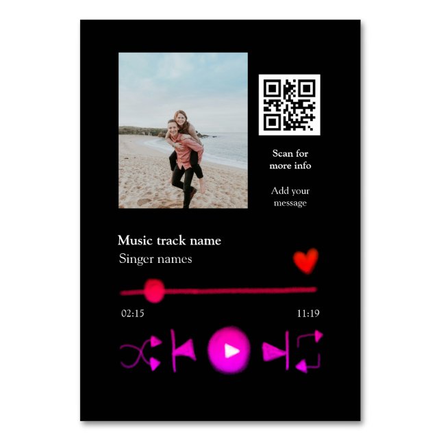 Music player personalised couple love q r code tex table number (Front)